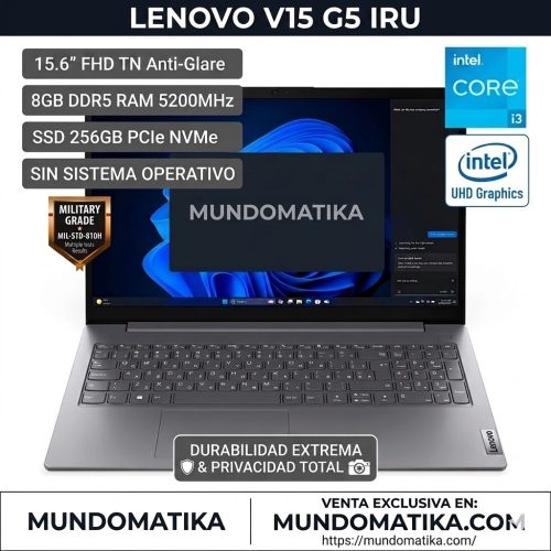 Notebook Lenovo V15 G5 IRL, 15.6" FHD TN, Core i3-1315U de hasta 4.5GHz, 8GB DDR5-3200MHz